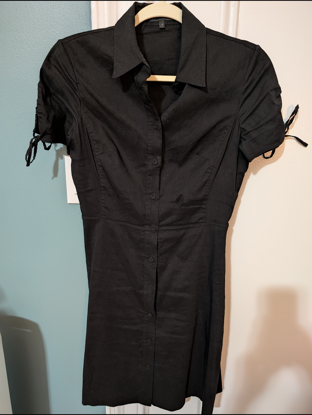 Theory Black Linen Short-Sleeve Fitted Mini Shirt Dress, Small